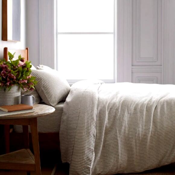 Quince European Linen Duvet Cover Set - Full/Queen Grey/White Stripe NWOT - Picture 1 of 6